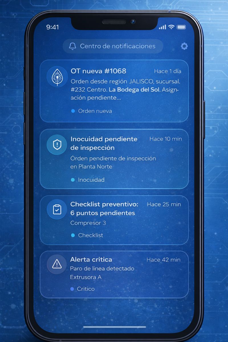 XelMaint App — Centro de notificaciones con órdenes, checklists y alertas